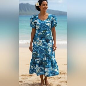Vintage 80's Hawaiian Luau‎ Polynesian Muumuu Blue Tulip Palm Hibiscus Medium